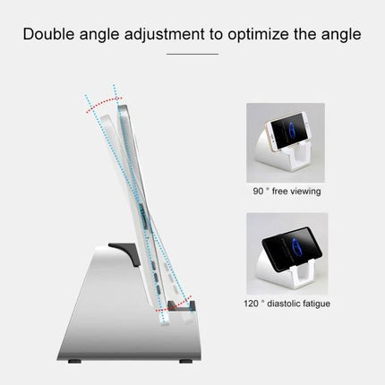Adjustable Universal Metal Desktop Bracket for Phones and Tablets showing double angle adjustment for 90° and 120° viewing