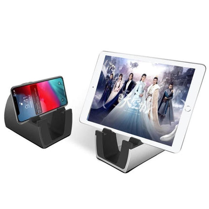 Adjustable Universal Metal Desktop Bracket for Phones and Tablets holding phone and tablet at optimal viewing angle on desk
