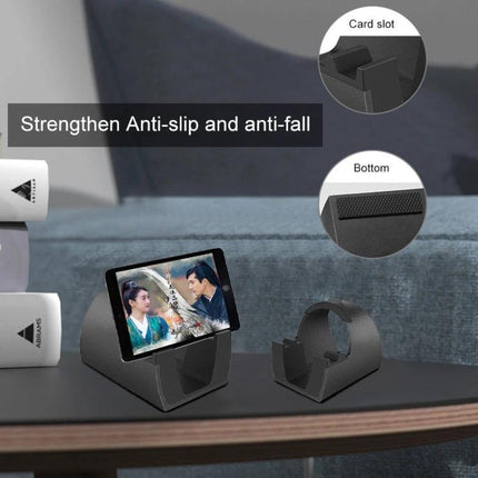 Adjustable Universal Metal Desktop Bracket for Phones and Tablets showing anti-slip card slot and phone in landscape on desk