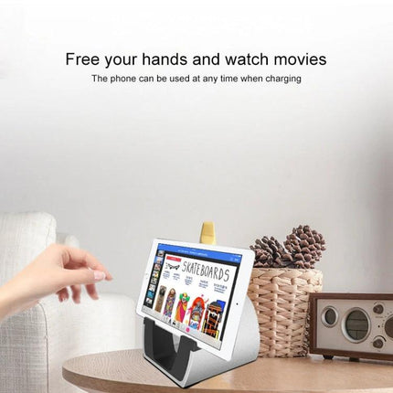 Adjustable Universal Metal Desktop Bracket for Phones and Tablets holding a tablet at optimal angle on a desk for hands-free viewing, one-handed access