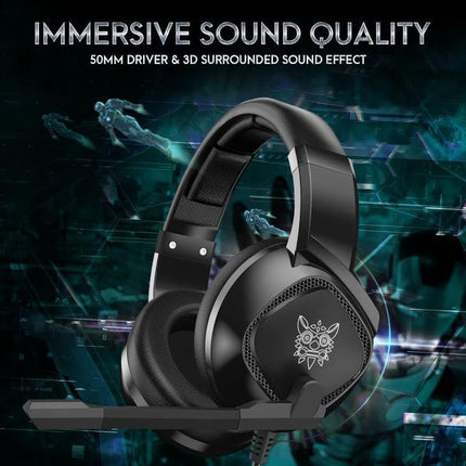 Onikuma Gaming Headset With Adjustable Lightweight Comfort Fit showing black over-ear headset with mic and immersive sound