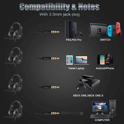 Onikuma Gaming Headset With Adjustable Lightweight Comfort Fit shown with 3.5mm jack compatible with PS4, Switch, PC