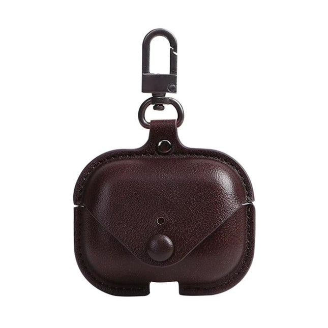 PU Leather Protective Case for AirPods Pro with Travel Hook in brown PU leather with snap closure and metal carabiner clip