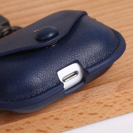PU Leather Protective Case for AirPods Pro with Travel Hook navy blue PU leather case showing charging port and travel hook attachment
