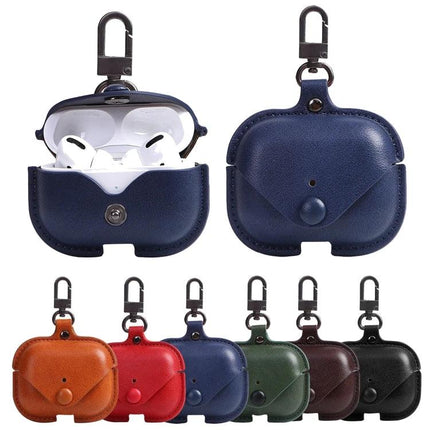 PU Leather Protective Case for AirPods Pro with Travel Hook in navy blue showing open and closed views with carabiner