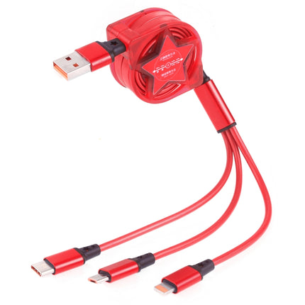 Versatile Retractable Cable for Everyday Device Charging on the Go - red retractable 3-in-1 USB cable with Type-C, 8Pin, and Micro USB connectors