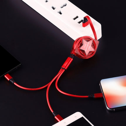 Versatile Retractable Cable for Everyday Device Charging on the Go — red 3-in-1 retractable Type-C, 8Pin and Micro USB charging cable neatly powering multiple devices