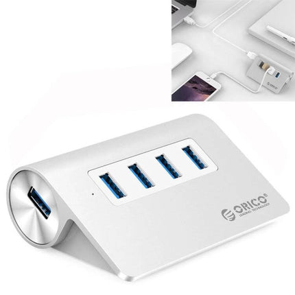 Orico Aluminum 4-Port USB 3.0 Hub for Easy Device Connections silver desktop hub with four blue USB ports for laptops and peripherals