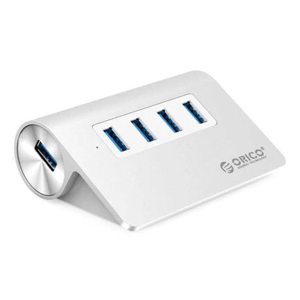 Orico Aluminum 4-Port USB 3.0 Hub for Easy Device Connections - compact aluminum USB hub with four blue USB 3.0 ports, ideal for laptops and home office