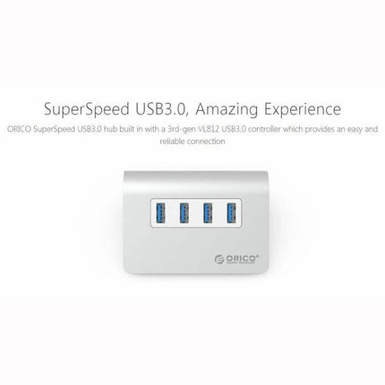 Orico Aluminum 4-Port USB 3.0 Hub for Easy Device Connections - silver aluminum hub with four blue USB 3.0 ports, compact desktop connector
