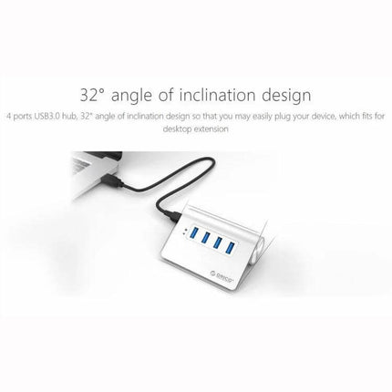 Orico Aluminum 4-Port USB 3.0 Hub for Easy Device Connections showing 32° inclined aluminum hub with four blue USB 3.0 ports connected to a laptop