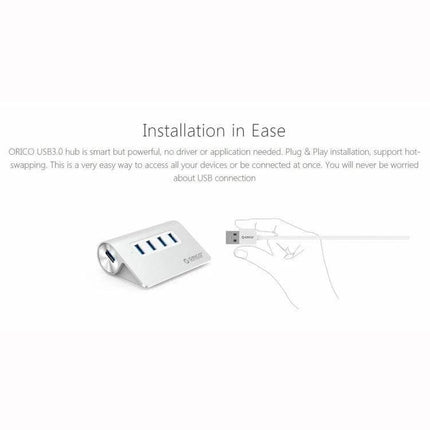 Orico Aluminum 4-Port USB 3.0 Hub for Easy Device Connections showing angled aluminum hub with four USB ports and plug-and-play cable demonstration