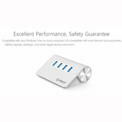 Orico Aluminum 4-Port USB 3.0 Hub for Easy Device Connections - sleek aluminum hub with four blue USB 3.0 ports and angled stand