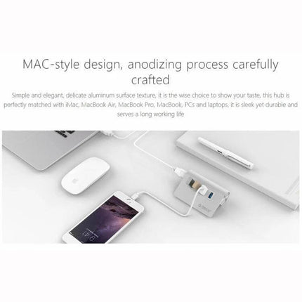 Orico Aluminum 4-Port USB 3.0 Hub for Easy Device Connections shown in aluminum finish connecting phone, mouse and laptop to reduce cable clutter