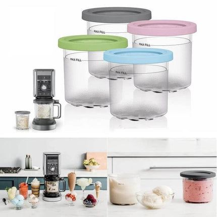 Ice Cream Storage Containers With Lids 2 Cup And 4 Cup Sets - clear BPA-free 600ml tubs with color-coded leak-proof lids for homemade ice cream