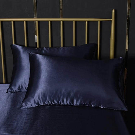 Ice Silk Bedding Set Full/Queen Size For Everyday Comfort navy silk-look quilted set on bed