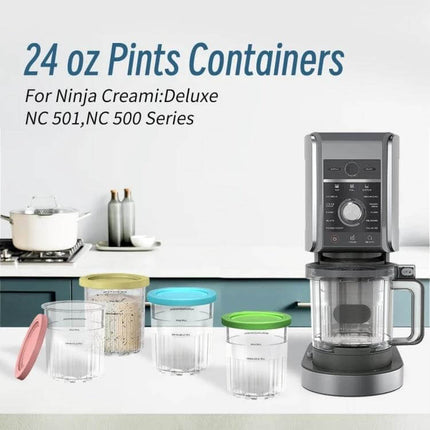 Ice Cream Container Set, 24oz, 4 Pack for Ninja Creami - BPA-free 24 oz containers with leak-resistant lids shown next to Ninja CREAMi machine