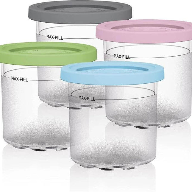 Ice Cream Storage Containers With Lids 2 Cup And 4 Cup Sets - clear BPA-free 600ml containers with color-coded leak-proof lids for freezer organization