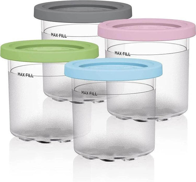 Ice Cream Storage Containers With Lids 2 Cup And 4 Cup Sets - clear BPA-free 600ml containers with color-coded leak-proof lids for freezer organization
