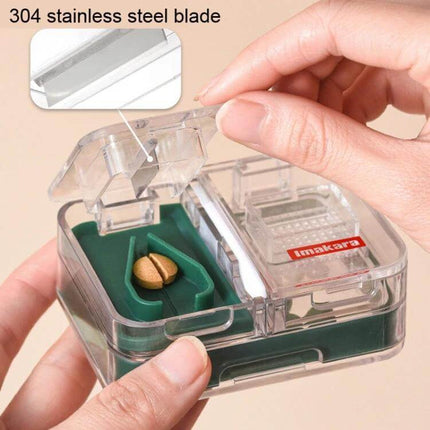 Imakara Mini Square Portable Medicine Cutter Dispenser Box Red showing clear compact pill cutter with 304 stainless steel blade and pill storage