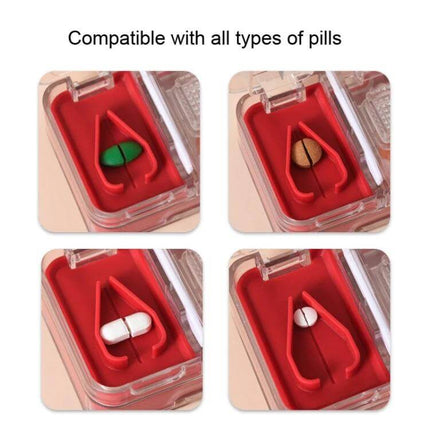 Imakara Mini Square Portable Medicine Cutter Dispenser Box Red showing four pill types being cut, ground and stored in compact red compartment