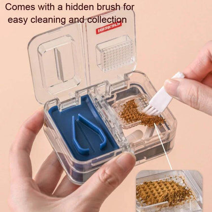 Imakara Mini Square Portable Medicine Cutter Dispenser Box Red showing open cutter, grinder compartment with hidden brush and tweezers for travel pill dosing