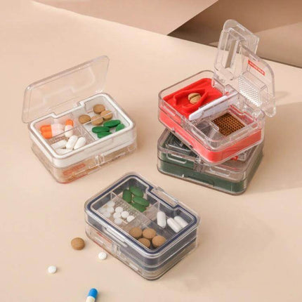 Imakara Mini Square Portable Medicine Cutter Dispenser Box Red showing compact pill cutter, grinder and storage with 304 stainless blade for travel and caregivers