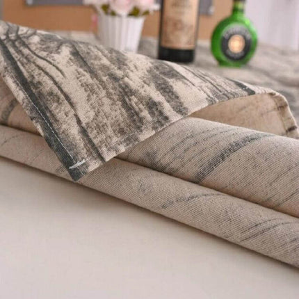 Imitation Bark Cotton Linen Tablecloth Dyed Stripes folded on table showing subtle dyed stripes and linen-style weave, small and large sizes