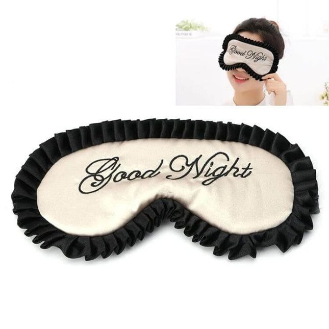 Imitation Silk Sleep Mask For Travel And Home Use Soft And Breathable - cream sleep mask with black ruffle and "Good Night" embroidery