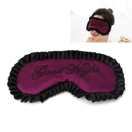 Imitation Silk Sleep Mask For Travel And Home Use Soft And Breathable - purple ruffled eye mask with Good Night embroidery