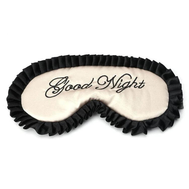Imitation Silk Sleep Mask For Travel And Home Use Soft And Breathable - cream sleep mask with black ruffle trim and 'Good Night' embroidery, soft breathable cotton blend