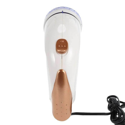 In-Line Electric Fur Ball Trimmer EU Plug for Sweaters – compact white and rose gold lint shaver with EU cord, alloy blade, handheld fabric defuzzer