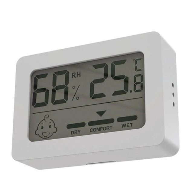 Indoor Mini Temperature And Humidity Meter With Stand For Home Use — compact white digital display showing 68% RH and 25.8°C with comfort indicator
