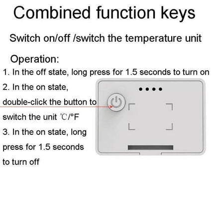Indoor Mini Temperature And Humidity Meter With Stand For Home Use showing combined function keys and power button instructions