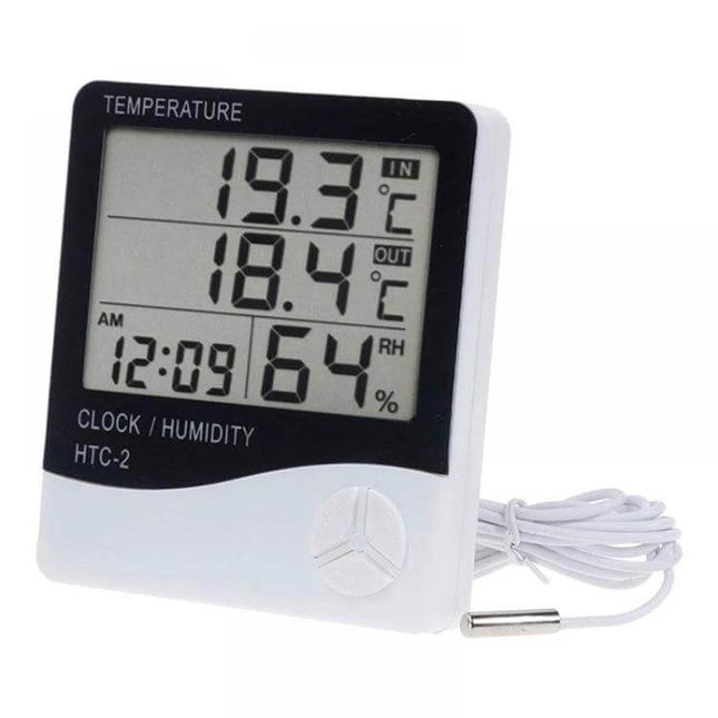 Indoor Outdoor Thermometer With Humidity Sensor For Home digital display showing indoor 19.3°C outdoor 18.4°C humidity 64% clock and external probe