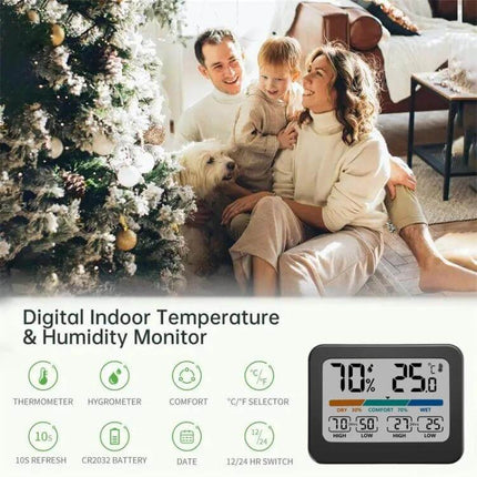Indoor Temperature And Humidity Monitor With LCD Display showing 70% humidity and 25°C in a cozy family living room scene