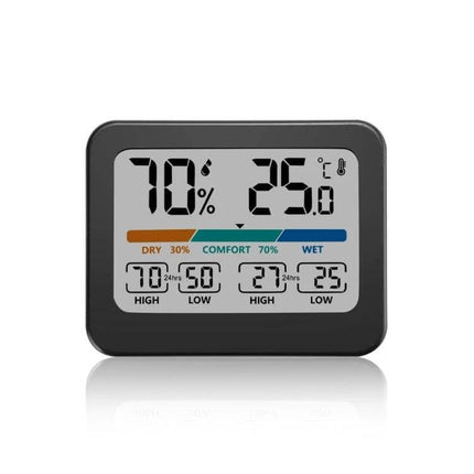Indoor Temperature And Humidity Monitor With LCD Display showing 25°C and 70% humidity, comfort scale and 24-hour max/min readings