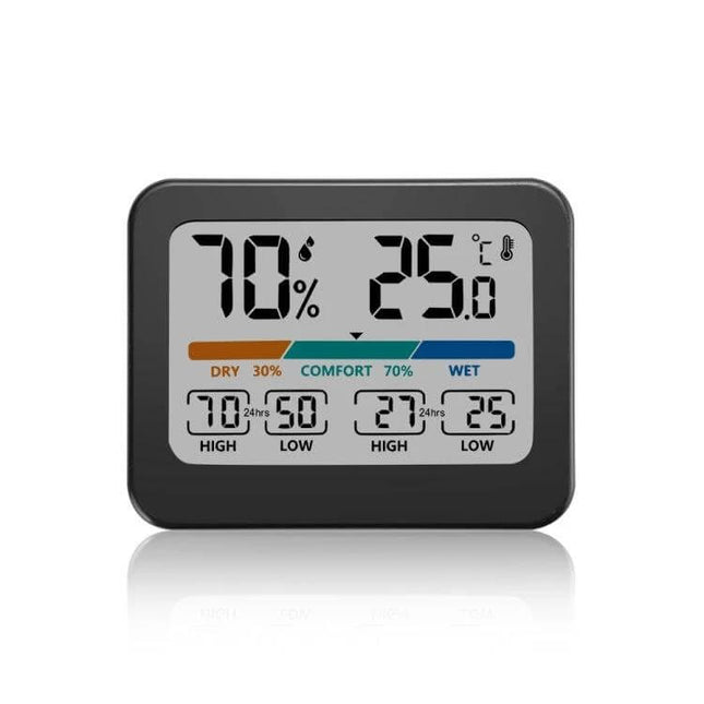 Indoor Temperature And Humidity Monitor With LCD Display showing 25°C and 70% RH comfort bar and 24-hour max/min readings