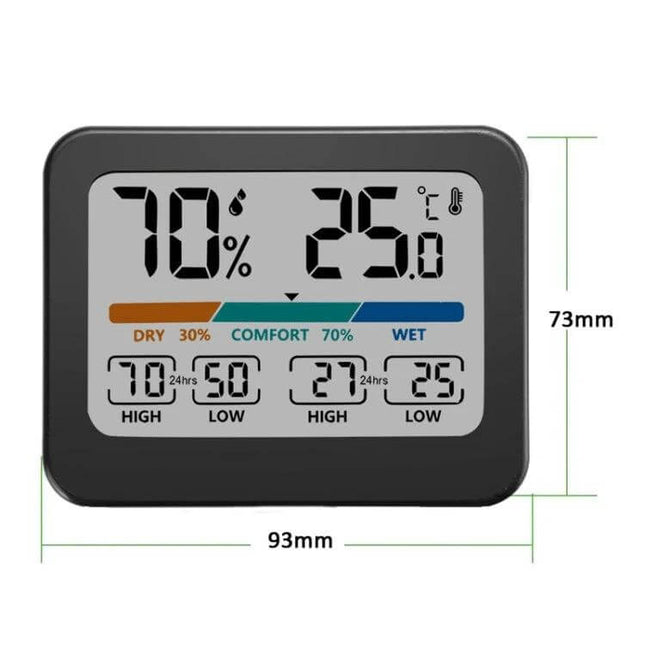 Indoor Temperature And Humidity Monitor With LCD Display showing 70% humidity 25°C, comfort gauge, 24hr max/min and dimensions 93x73mm