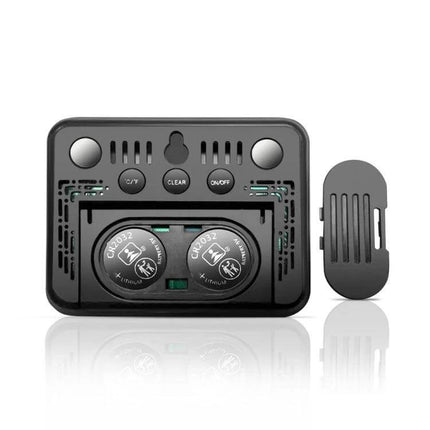 Indoor Temperature And Humidity Monitor With LCD Display showing back panel, battery compartment with two CR2032 cells and removable sensor cover