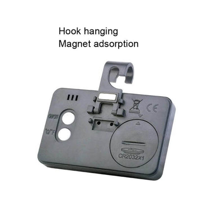 Indoor Thermometer Humidity With Digital Display For Home Use compact rear view showing hook and magnet attachment