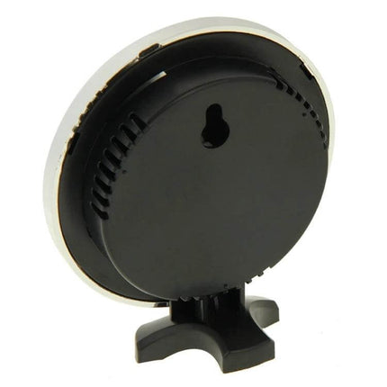 Indoor Thermometer and Hygrometer Dual Readout for Home and Office compact round unit back view with wall-mount hole and small stand