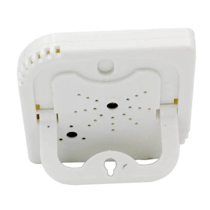 Indoor Weather Station For Home Temperature And Humidity compact white ABS/PC unit on stand showing back vents and wall-mount keyhole