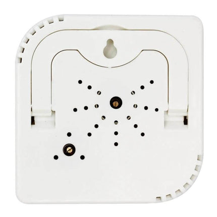 Indoor Weather Station For Home Temperature And Humidity compact white ABS/PC unit back view with wall mount and vents, ideal for bedroom, office, nursery monitoring