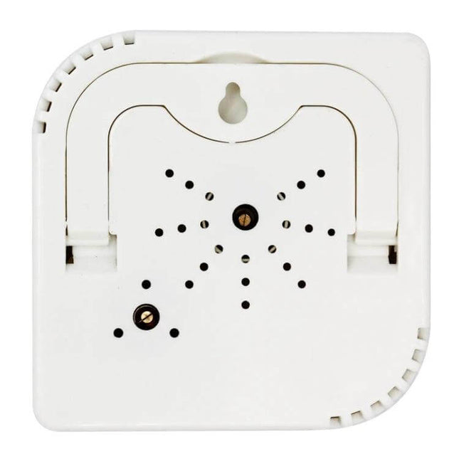 Indoor Weather Station For Home Temperature And Humidity compact white ABS/PC unit back view with wall mount and vents, ideal for bedroom, office, nursery monitoring