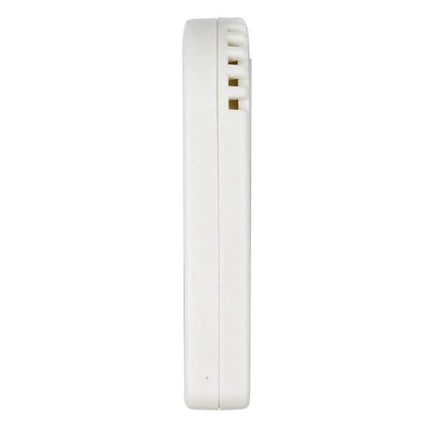 Indoor Weather Station For Home Temperature And Humidity compact white ABS/PC sensor unit side view for shelf, desk, nursery monitoring
