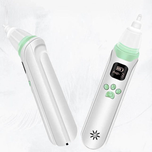 Infant Nasal Aspirator For Gentle Nose Clearing Everyday – white and mint electric aspirator with three nozzles and washable collection cup