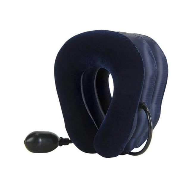 Inflatable Cervical Neck Traction Device Dark Blue shown inflated with hand pump, drop-shaped ergonomic design supporting neck curve