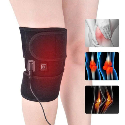 Infrared Heating Therapy Knee Pad For Daily Pain Relief With Adjustable Straps shown on knee with power button, mesh pocket and adjustable split straps