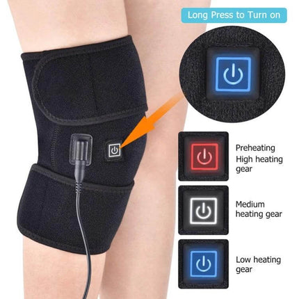 Infrared Heating Therapy Knee Pad For Daily Pain Relief With Adjustable Straps shown on knee with power button and adjustable split straps